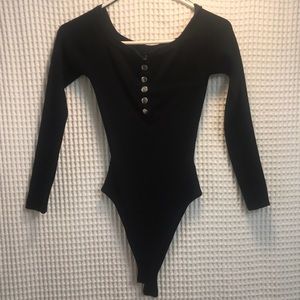 Off shoulder long sleeve button-up bodysuit